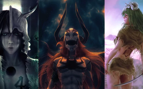 HD wallpaper featuring Nelliel Tu Odelschwanck, Ulquiorra Cifer, and Ichigo Kurosaki from the anime Bleach. Striking and detailed background artwork showcasing these iconic characters.