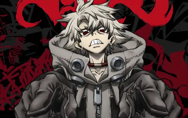 HD PC desktop wallpaper of Gachiakuta anime character Rudo Surebrec: white-haired, fang-grinning figure in a bulky hooded jacket against a red-and-black graphic backdrop.