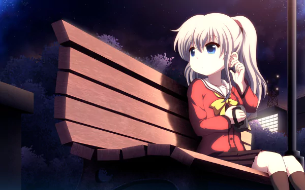 Nao Tomori from the anime Charlotte sits thoughtfully on a park bench under a night sky, captured in a vibrant HD wallpaper.
