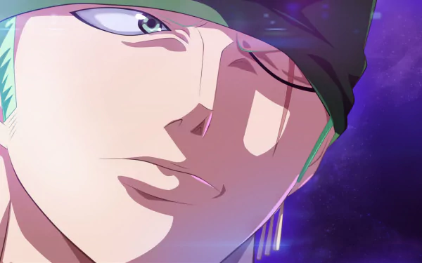HD desktop wallpaper of Roronoa Zoro from the anime One Piece, featuring a close-up of Zoro's face with a cosmic background.
