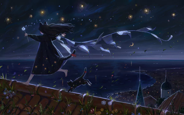 Anime girl and cat stand on a rooftop under a starry night sky, overlooking a town. 4K Ultra HD desktop wallpaper capturing a serene, magical nighttime scene.