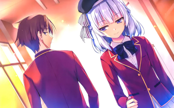 HD desktop wallpaper featuring Kiyotaka Ayanokōji and Arisu Sakayanagi from the anime Classroom of the Elite. The characters are in a well-lit classroom, with Kiyotaka facing away and Arisu looking forward.