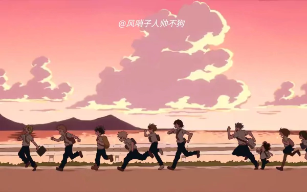 HD My Hero Academia anime desktop wallpaper showing a group of characters running together against a vibrant sunset sky with clouds and a serene landscape.