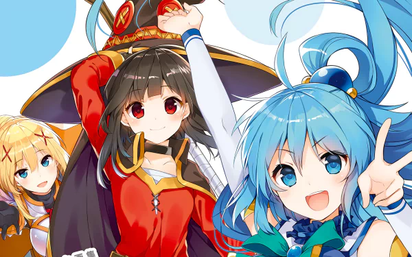 HD desktop wallpaper featuring Darkness, Megumin, and Aqua from the anime KonoSuba: God's Blessing on This Wonderful World! They are smiling and posing energetically against a bright background.