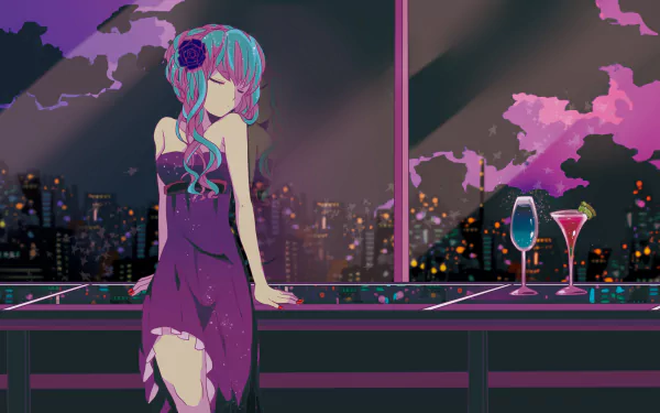 HD wallpaper featuring Hatsune Miku in a purple dress with two-toned hair, relaxing by a railing with drinks against a cityscape under a purple sky.