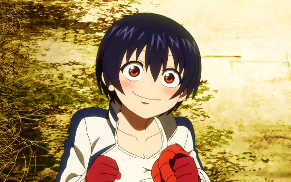 Anime-style character from Undead Unluck with short black hair and red gloves, set against a textured golden background in 8K Ultra HD PC desktop wallpaper quality.