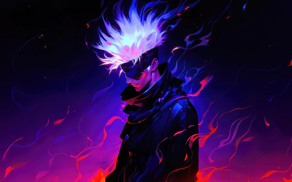 A vibrant HD wallpaper of Satoru Gojo from Jujutsu Kaisen, featuring his striking white hair and a dark cloak against a backdrop of swirling flames and dynamic colors.