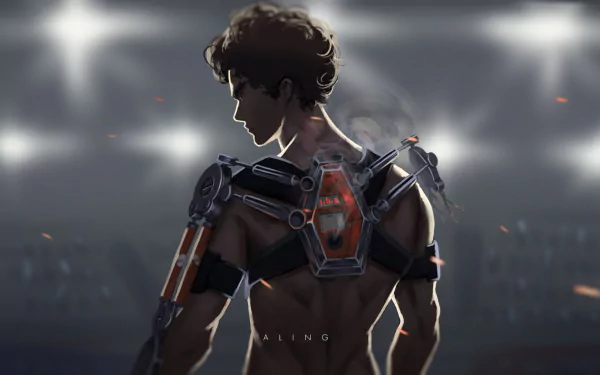 HD desktop wallpaper of Joe from the anime Megalo Box, showcasing his back with mechanical gear under stadium lights, capturing the spirit of boxing.