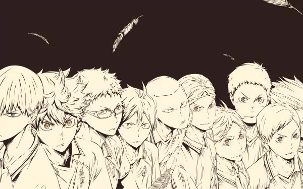 HD desktop wallpaper featuring characters Asahi Azumane, Chikara Ennoshita, Daichi Sawamura, Tadashi Yamaguchi, Ryūnosuke Tanaka, Kōshi Sugawara, Kei Tsukishima, Tobio Kageyama, Shōyō Hinata, and Yū Nishinoya from the anime Haikyū!!.
