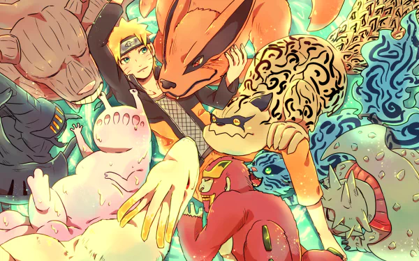 HD desktop wallpaper featuring Naruto Uzumaki with Kurama and Kokuô in a dynamic, colorful anime style from the series Naruto.
