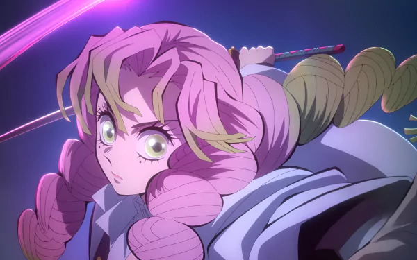 4K Ultra HD anime wallpaper featuring Mitsuri Kanroji from Demon Slayer: Kimetsu no Yaiba in a dynamic pose with vibrant colors and detailed shading.
