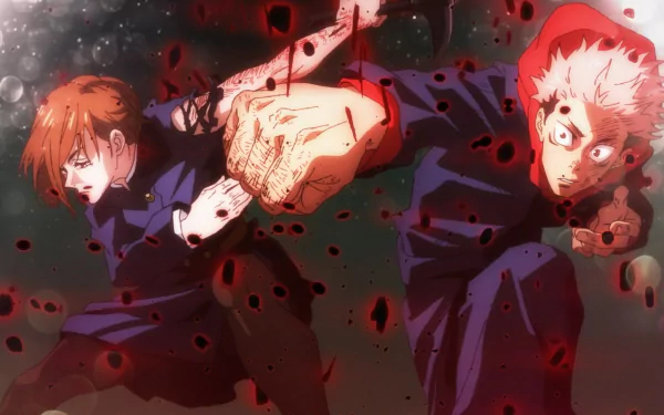 HD PC desktop wallpaper featuring intense action poses of anime characters from Jujutsu Kaisen, set against a dark, dynamic background with red and black accents.