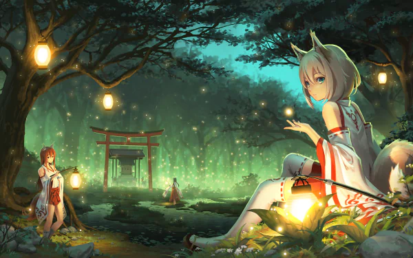 HD desktop wallpaper featuring an original anime scene with a nekomimi character in a serenely lit forest, surrounded by lanterns and a torii gate in the background.