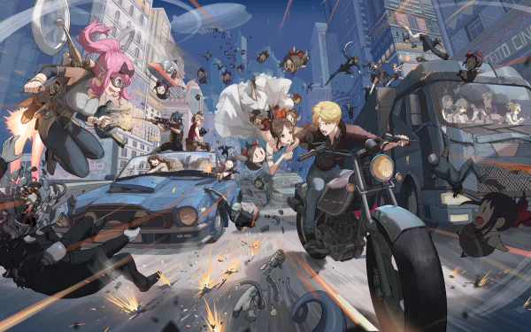 HD desktop wallpaper featuring an action-packed scene from the anime Kaguya-sama: Love is War, with characters involved in a dynamic chase through a city.