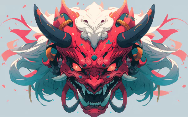 A vivid HD desktop wallpaper featuring an original anime-inspired oni mask with striking red and white details, showcasing fierce horns and intense eyes.