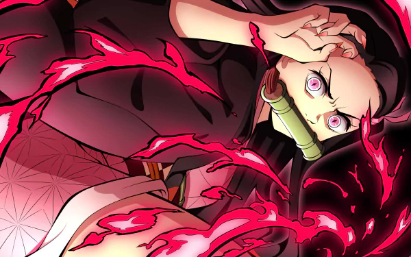4K Ultra HD PC desktop wallpaper featuring Nezuko Kamado from Demon Slayer: Kimetsu no Yaiba surrounded by glowing red energy.