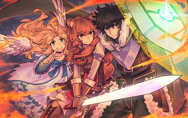 HD wallpaper of Naofumi Iwatani, Raphtalia, and Filo from The Rising of the Shield Hero anime. Naofumi wields a glowing shield, Raphtalia holds a sword, and Filo stands behind them with wings spread.