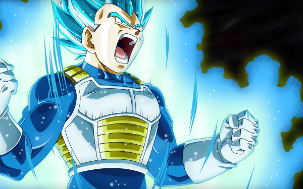 Vegeta from Dragon Ball Super in his powerful blue transformation, emitting a fierce aura. This vibrant HD desktop wallpaper captures the intense energy of the iconic anime character.