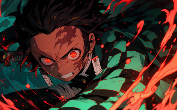 HD desktop wallpaper featuring Tanjiro Kamado from Demon Slayer: Kimetsu no Yaiba, depicted with intense red eyes and dynamic, swirling green flames.