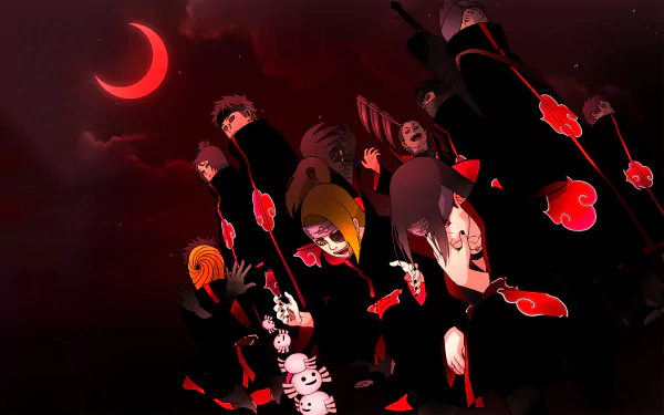 HD wallpaper of Akatsuki members from Naruto, including Itachi Uchiha, Obito Uchiha, Kakuzu, Hidan, Zetsu, Sasori, Kisame Hoshigaki, Deidara, Konan, and Pain, beneath a red crescent moonlit sky.