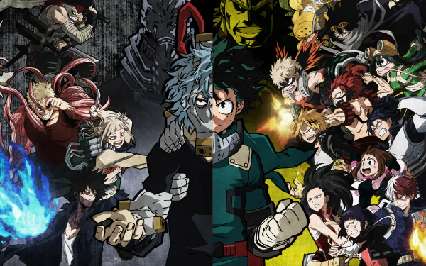 HD desktop wallpaper featuring vibrant characters from My Hero Academia in dynamic action poses, with a dark, detailed backdrop.