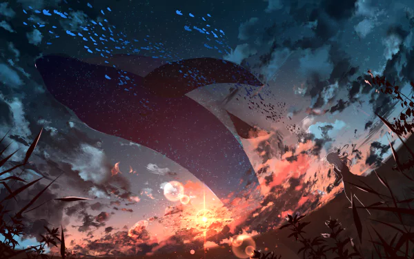 Anime-style HD desktop wallpaper featuring a silhouette of a whale against a starry sky and a vibrant sunset, blending natural and fantastical elements.