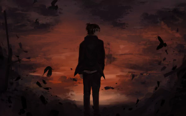 HD desktop wallpaper of Eren Yeager from the anime Attack on Titan, facing a dramatic, dark sky with crows flying around, set against a fiery sunset background.