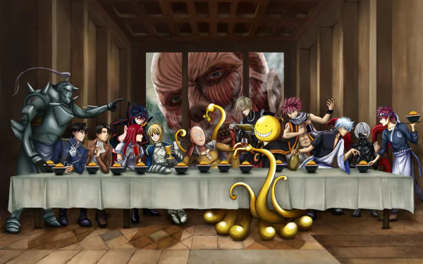 Anime crossover featuring characters from various series gathered around a table, inspired by The Last Supper. A colossal Titan face looms in the background. HD desktop wallpaper and background.