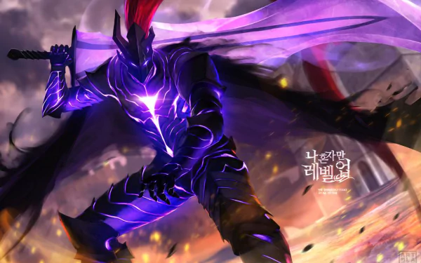 HD desktop wallpaper featuring an intense, dynamic anime character from Solo Leveling, clad in dark armor, wielding a sword, with a fierce background of swirling colors and light.