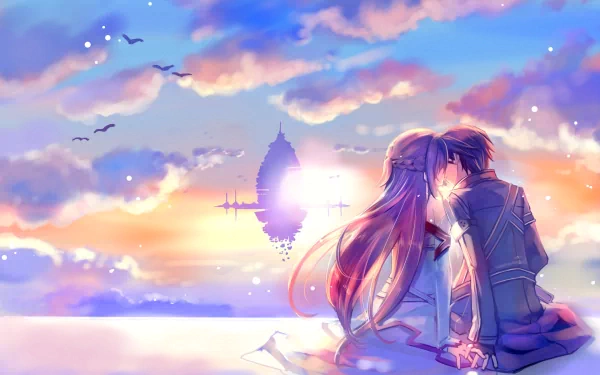 Anime scene featuring Kirito and Asuna from Sword Art Online sharing a kiss at sunset. The sky is filled with colorful clouds, and Aincrad floats in the distance. Both characters have long hair and wear coats.