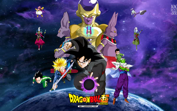 HD desktop wallpaper featuring characters from Dragon Ball Super, including Trunks, Black Goku, and other iconic figures from the anime series, set against a cosmic background.