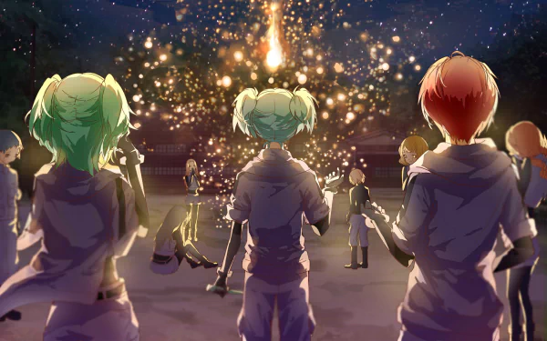 HD desktop wallpaper featuring characters from Assassination Classroom, including Tomohito Sugino, Rio Nakamura, Hiroto Maehara, Hinano Kurahashi, Yukiko Kanzaki, Rinka Hayami, Kaede Kayano, Nagisa Shiota, and Karma Akabane.