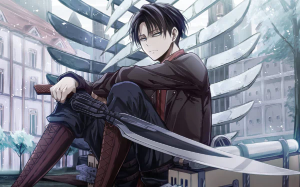 HD wallpaper of Levi Ackerman from Attack on Titan. He is sitting with a sword, featuring black hair and a serious expression. The background has intricate, blades and buildings from the anime’s universe.