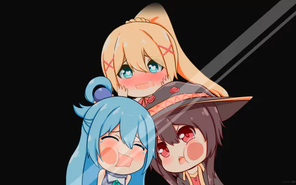 HD desktop wallpaper of chibi Aqua, Darkness, and Megumin from the anime KonoSuba - God’s Blessing on This Wonderful World!!.