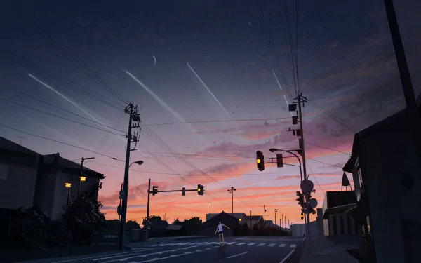 A high-definition Anime wallpaper featuring a tranquil street under a starry sky with a shooting star, set against a picturesque sunset.