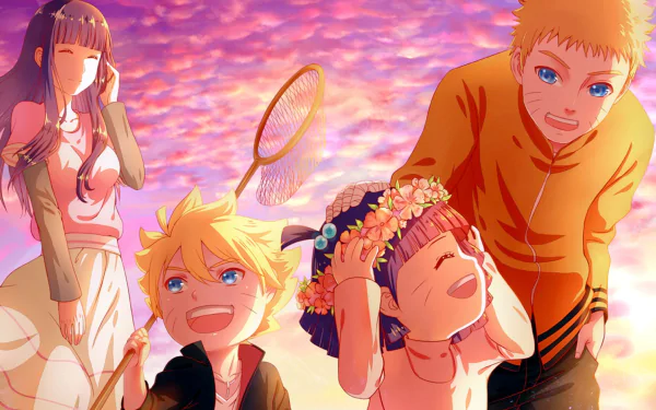 HD wallpaper featuring Naruto Uzumaki, Hinata Hyuga, Boruto Uzumaki, and Himawari Uzumaki from Boruto: Naruto the Movie against a vibrant sunset.