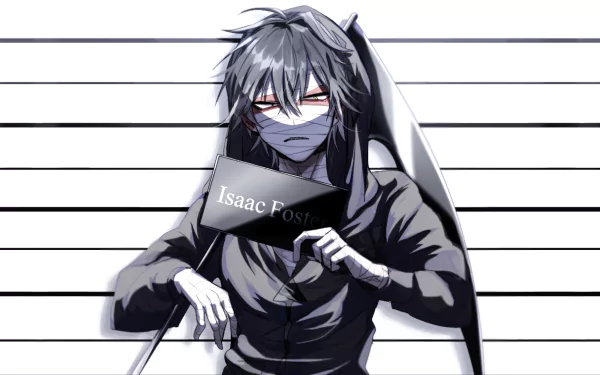 HD desktop wallpaper featuring Zack from the anime Satsuriku no Tenshi (Angels of Death). Zack stands against a lined background, holding a sign with the name Isaac Foster.