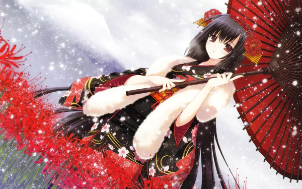 HD anime wallpaper of a girl in traditional attire holding a red umbrella, surrounded by falling snow and vibrant red flowers.