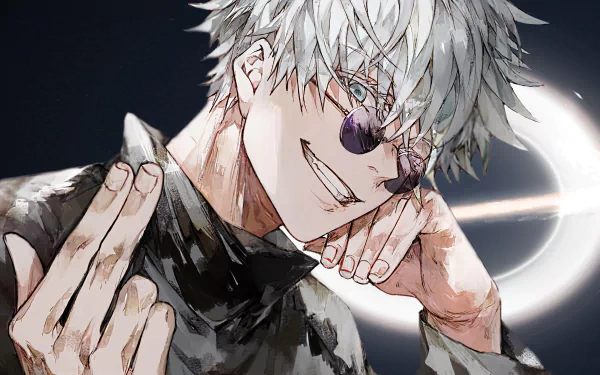 HD desktop wallpaper of Satoru Gojo from the anime Jujutsu Kaisen, featuring a detailed illustration with Gojo posing confidently in front of a dark background.
