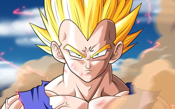 HD desktop wallpaper featuring Vegeta from Dragon Ball Z in his Super Saiyan form, set against a vibrant blue sky with clouds and golden sparks surrounding him.