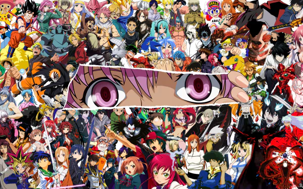 HD desktop wallpaper featuring a vibrant crossover of multiple anime characters. Prominent eyes in the center add a striking focal point amidst the diverse array of characters.