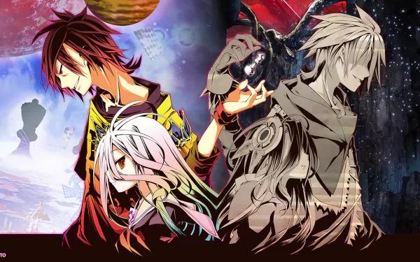 HD desktop wallpaper featuring characters Riku Dola, Shuvi Dola, Sora, and Shiro from No Game No Life: Zero and No Game No Life anime, with a colorful, detailed background.