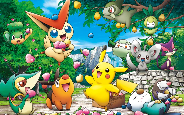 HD anime wallpaper featuring Pokémon characters in a vibrant, nature-filled setting. Various Pokémon are enjoying fruits in a lush forest with trees, mountains, and clear skies in the background.