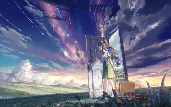 A vibrant 4K Ultra HD wallpaper featuring Suzume Iwato from the anime Suzume no Tojimari, showcasing a magical scene with a door opening to a stunning starry sky.