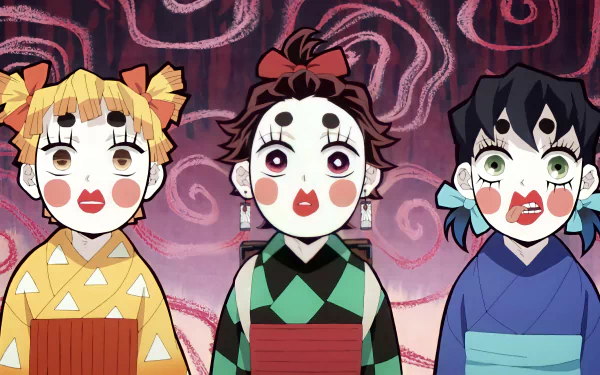4K Ultra HD desktop wallpaper featuring Zenitsu Agatsuma, Inosuke Hashibira, and Tanjiro Kamado from the anime Demon Slayer: Kimetsu no Yaiba with stylized faces.