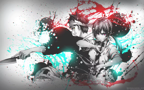 HD wallpaper featuring Sōma Yukihira and Erina Nakiri from Food Wars: Shokugeki no Soma anime, with pink and yellow eyes. They hold knives, set against a dynamic, splattered background.