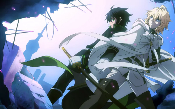 HD desktop wallpaper featuring Mikaela Hyakuya and Yūichirō Hyakuya from Seraph of the End. The characters are in capes, wearing uniforms, holding swords, with striking green and blue eyes, respectively.