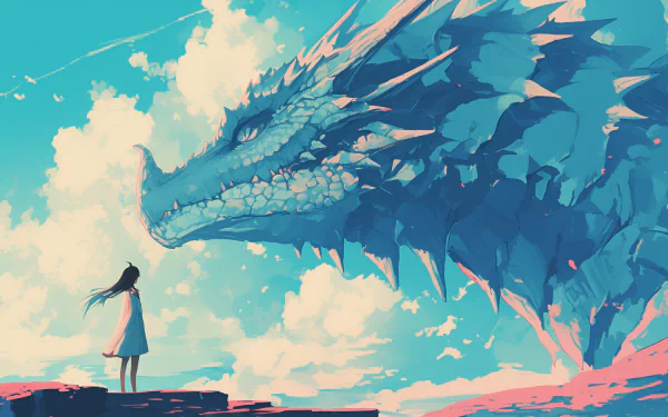 HD anime-style wallpaper featuring an anime girl standing before a large, majestic blue dragon under a sky with fluffy white clouds.