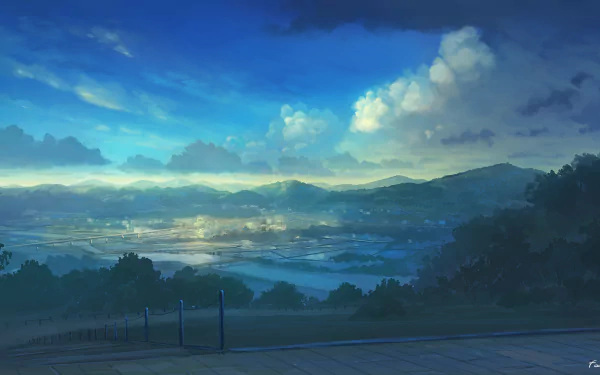 A serene anime-inspired landscape featuring rolling hills, a calm body of water, and a dramatic sky with clouds, creating a captivating HD desktop wallpaper background.