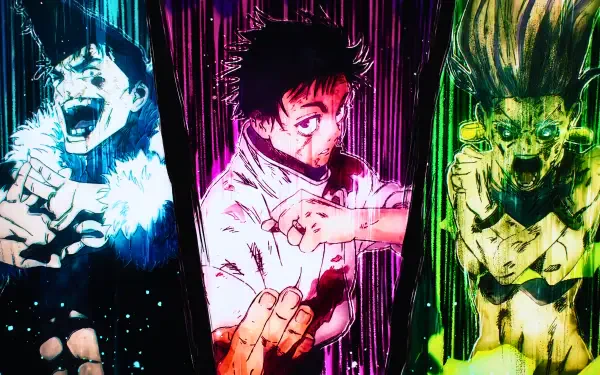 Vibrant 5K Ultra HD PC desktop wallpaper from Jujutsu Kaisen 3rd Season: center Yuta Okkotsu flanked by Ryu Ishigori and Takako Uro in neon, dynamic three-panel action pose.